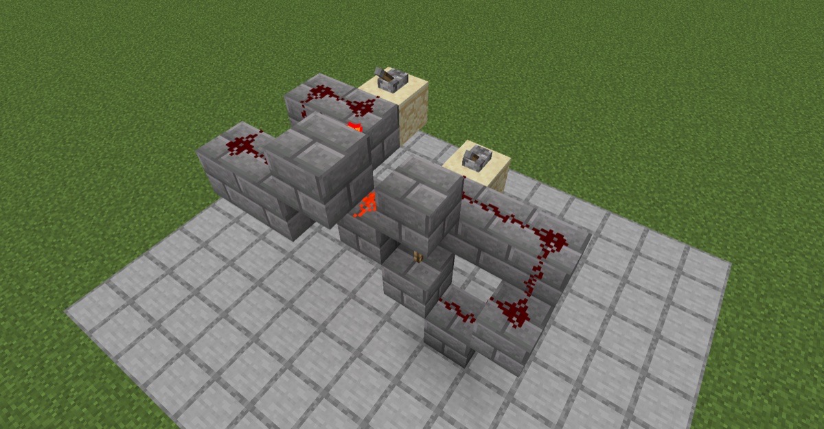 Redstone-Compiler and2, exactly as exported, in vanilla Minecraft 1.21.1. The input ports feed back into the logic.